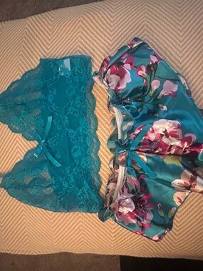 Teal Floral Lace Satin Sleep Set - Women Intimates & Sleepwear
